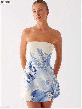 Peppermayo Strapless Cream Dress with Blue Floral Print